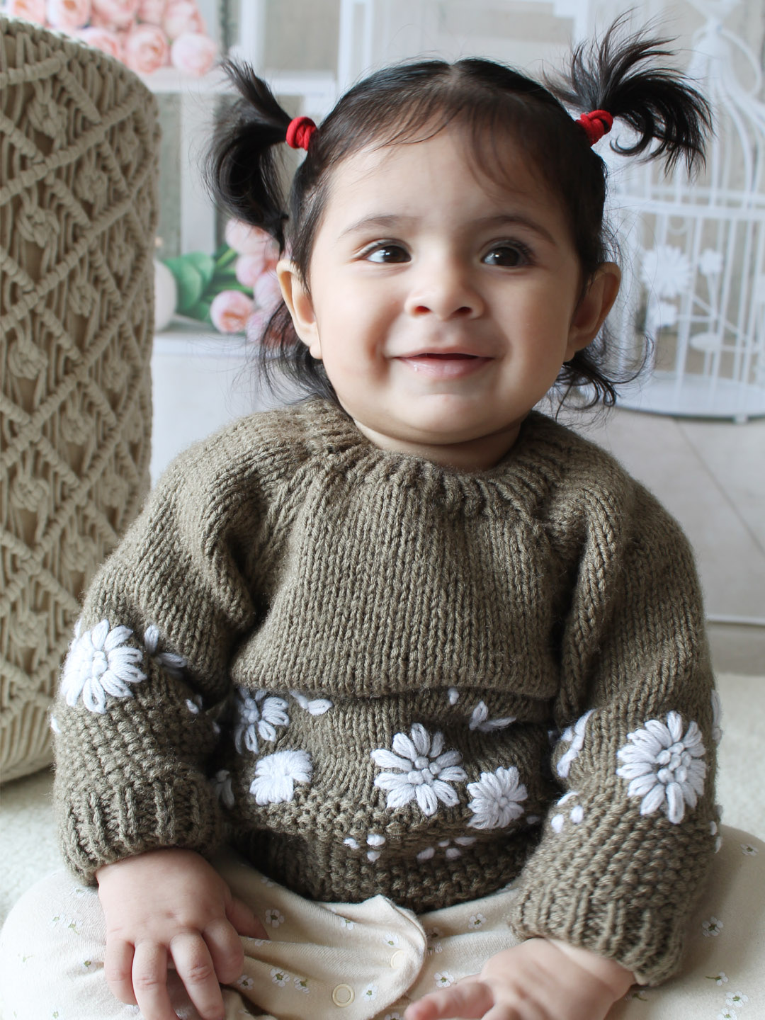 Handknitted New Born Embroidered Sweater- Beige