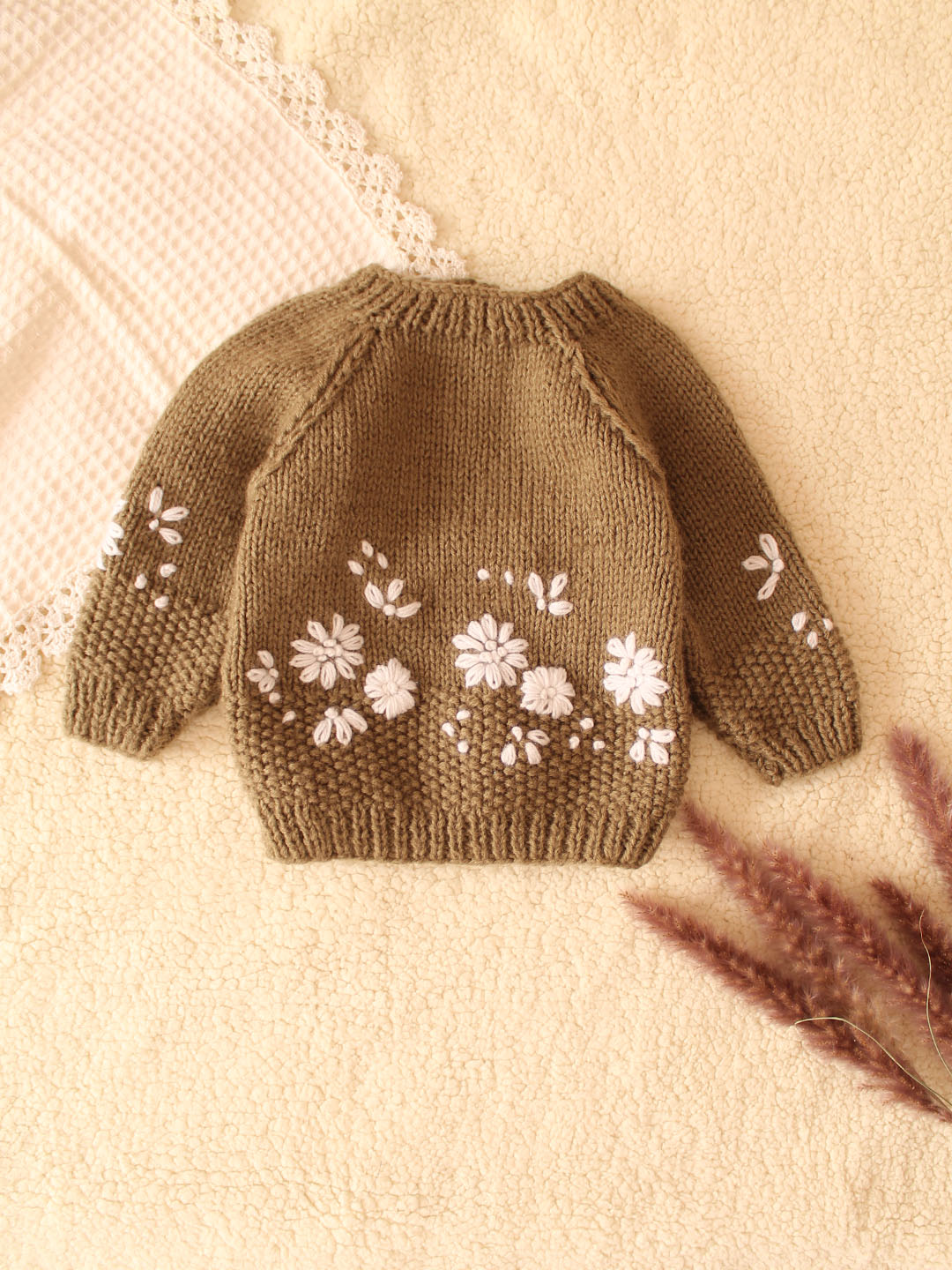 Handknitted New Born Embroidered Sweater- Beige