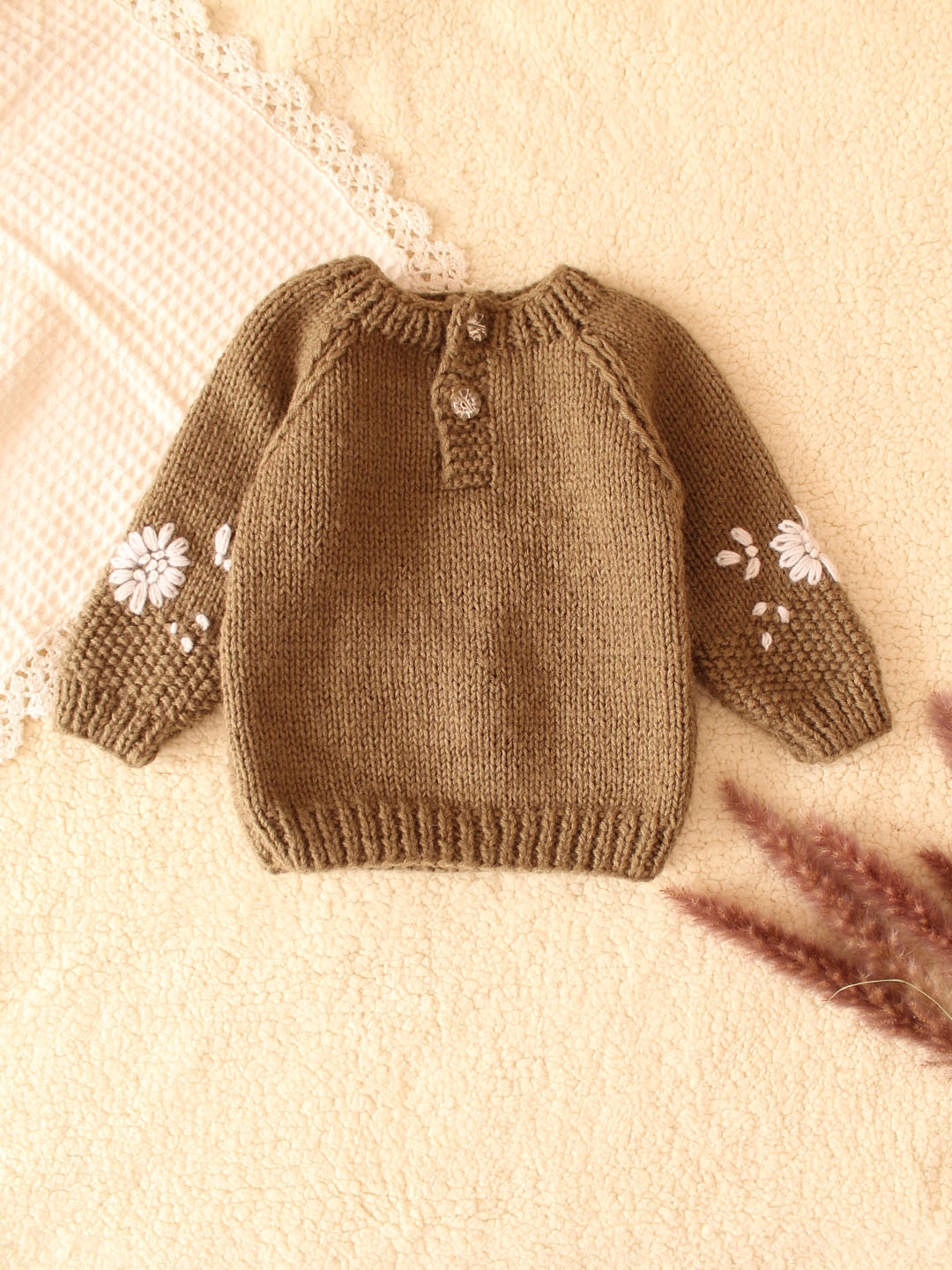 Handknitted New Born Embroidered Sweater- Beige