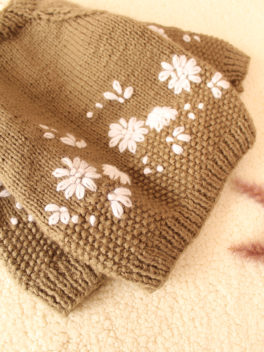 Handknitted New Born Embroidered Sweater- Beige