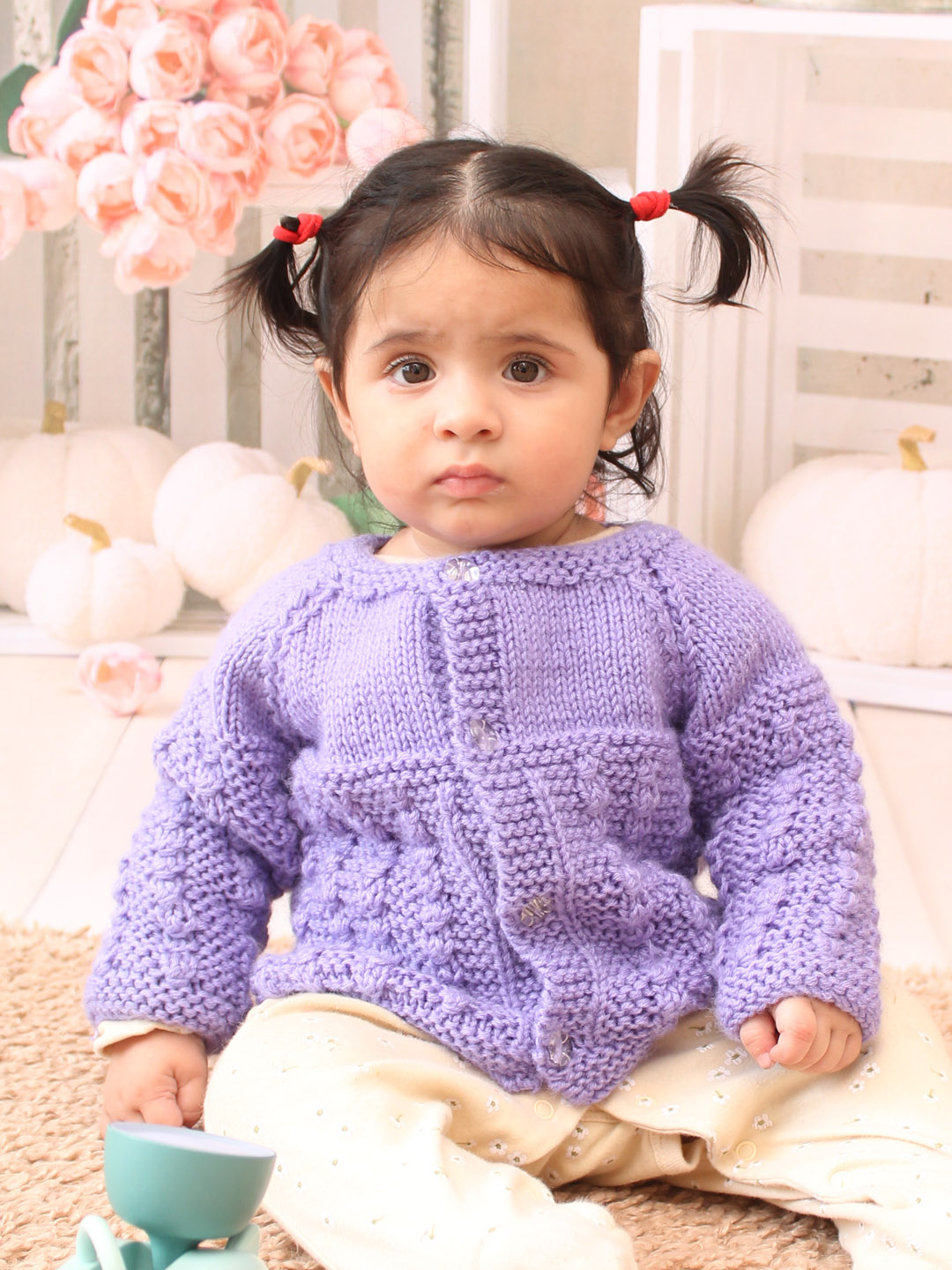 Woonie Handknitted Self Design Sweater for Infants -Lavender