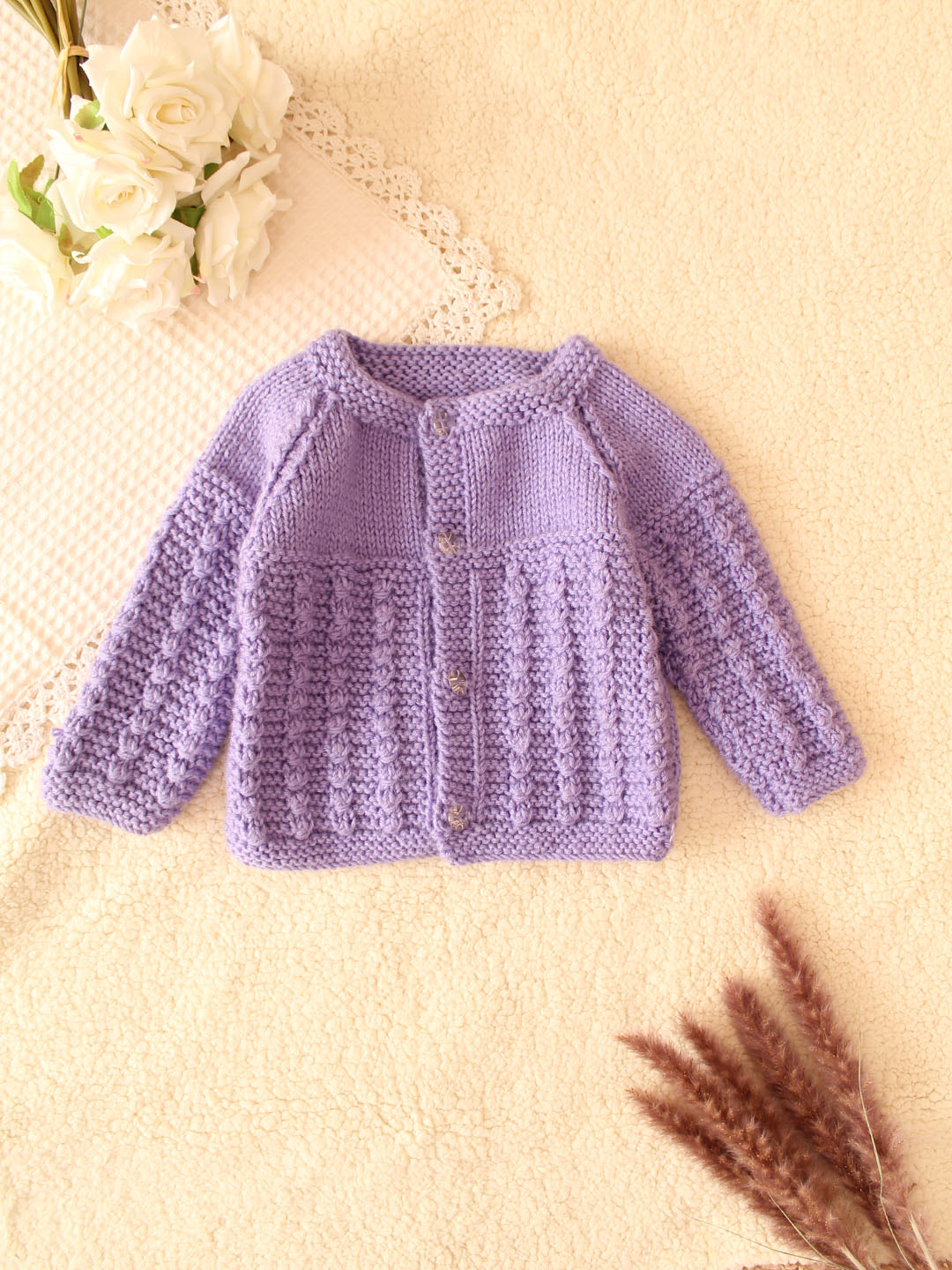 Woonie Handknitted Self Design Sweater for Infants -Lavender
