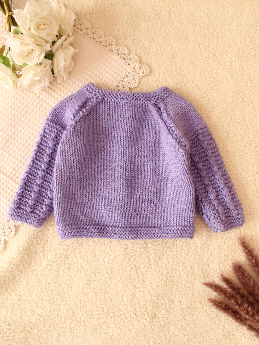 Woonie Handknitted Self Design Sweater for Infants -Lavender