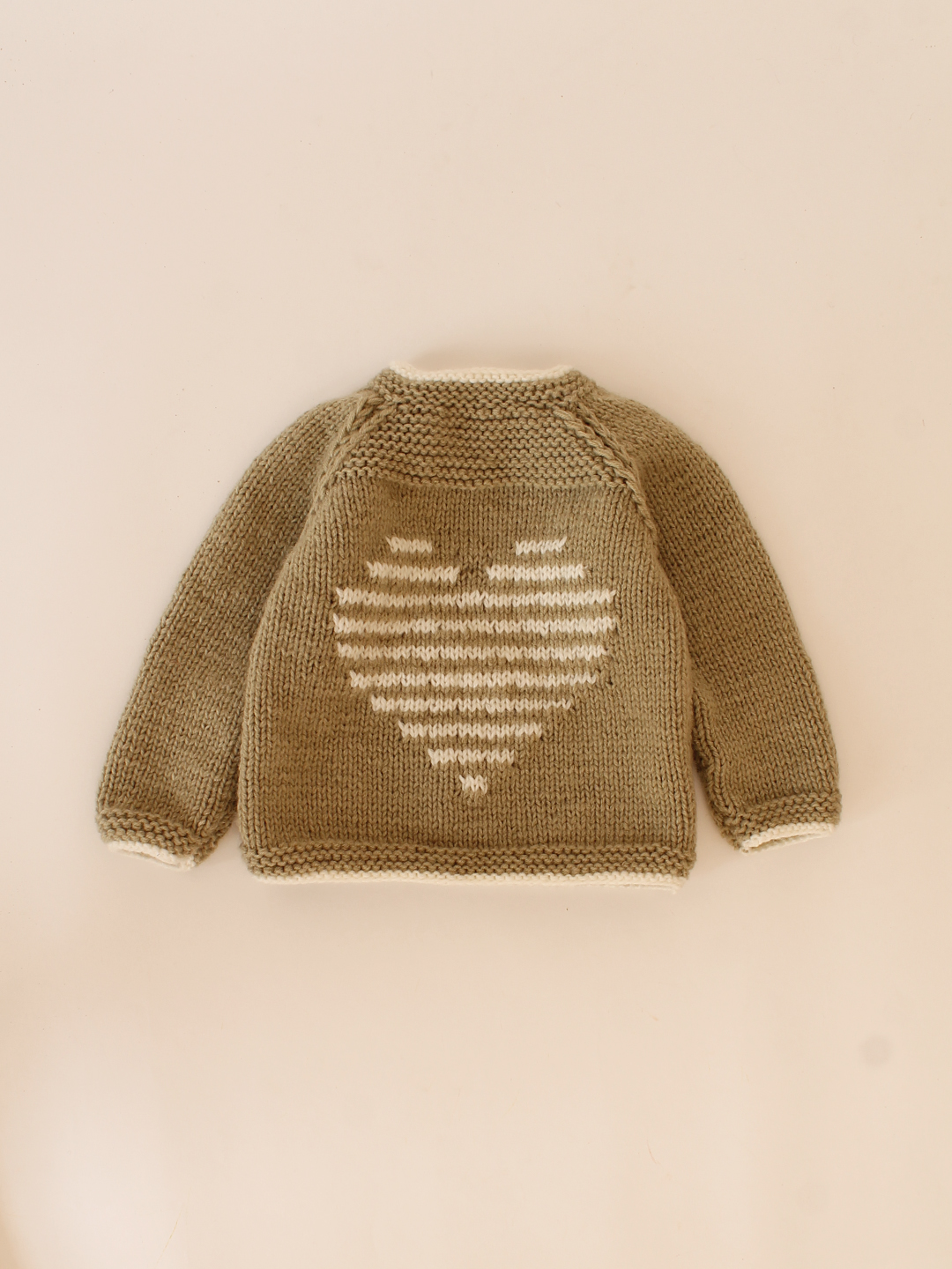 Handknitted Antarsia Heart Design Sweater-Beige