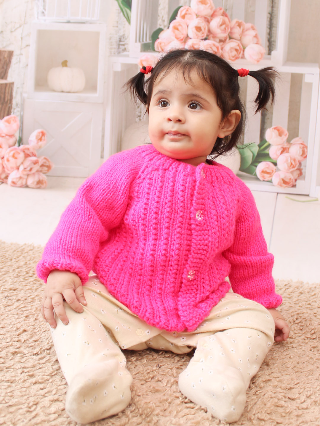 Woonie Handknitted Self Design Hot Pink Sweater for Infants -Hot Pink