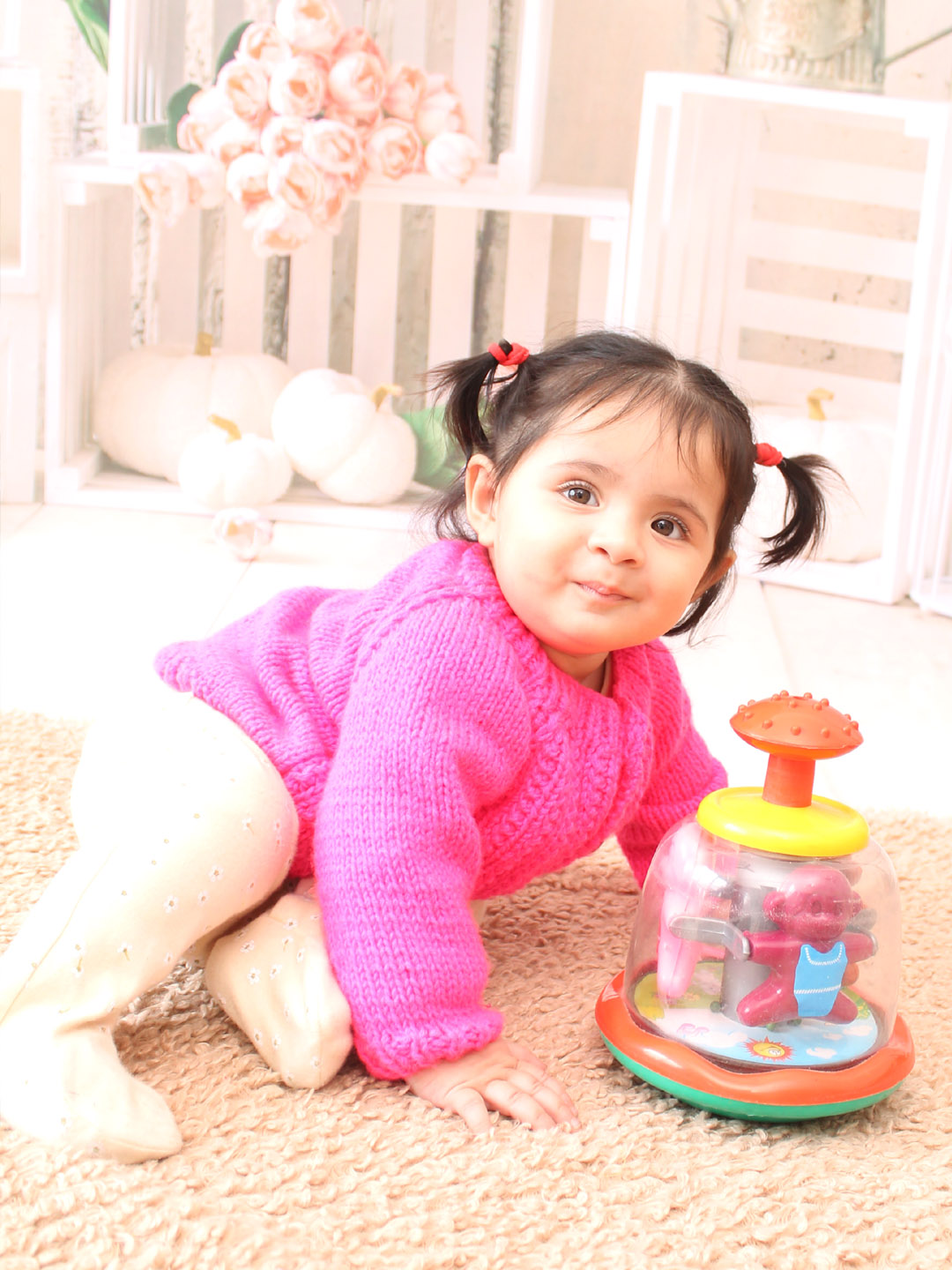 Woonie Handknitted Self Design Hot Pink Sweater for Infants -Hot Pink
