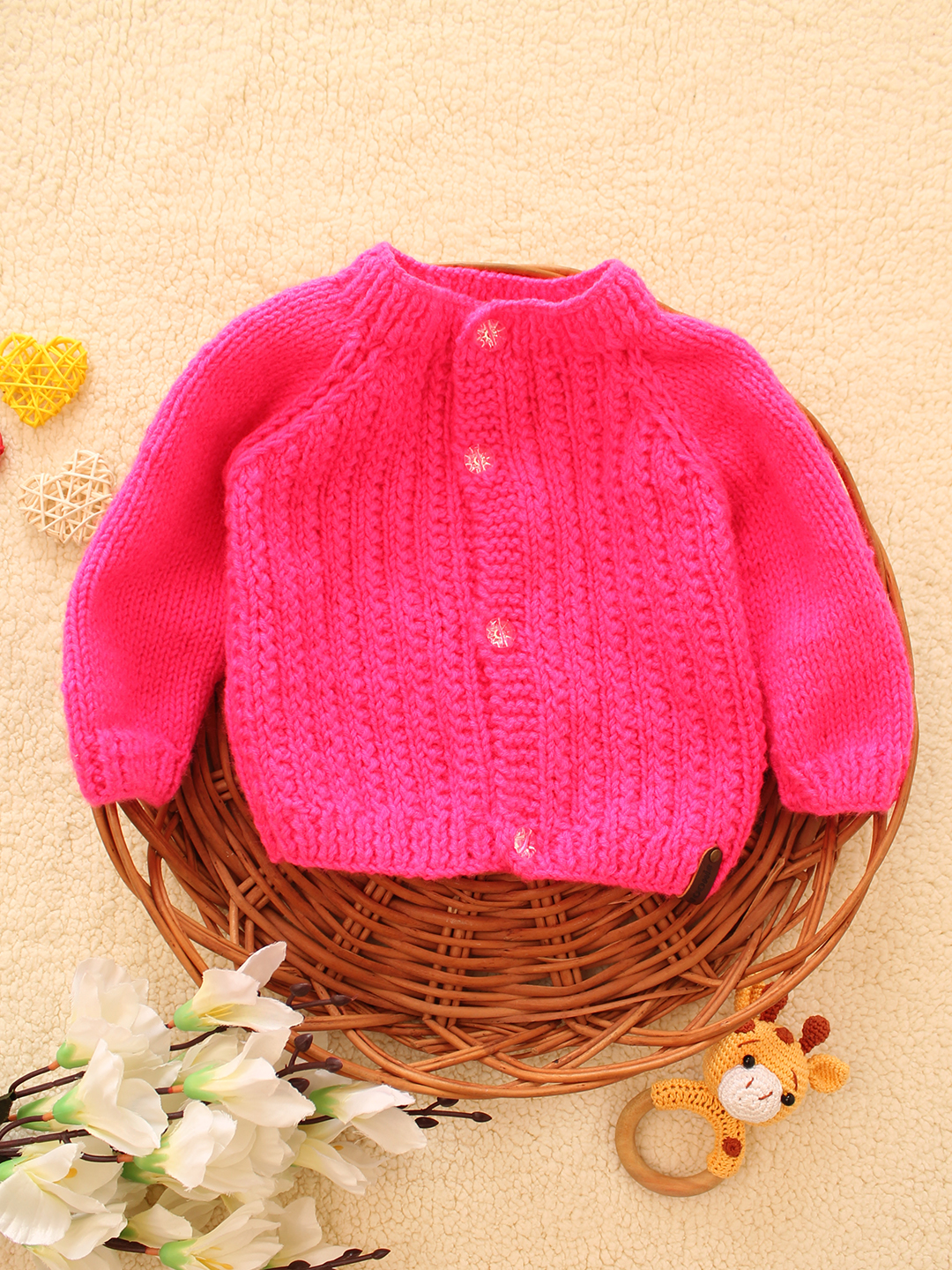 Woonie Handknitted Self Design Hot Pink Sweater for Infants -Hot Pink
