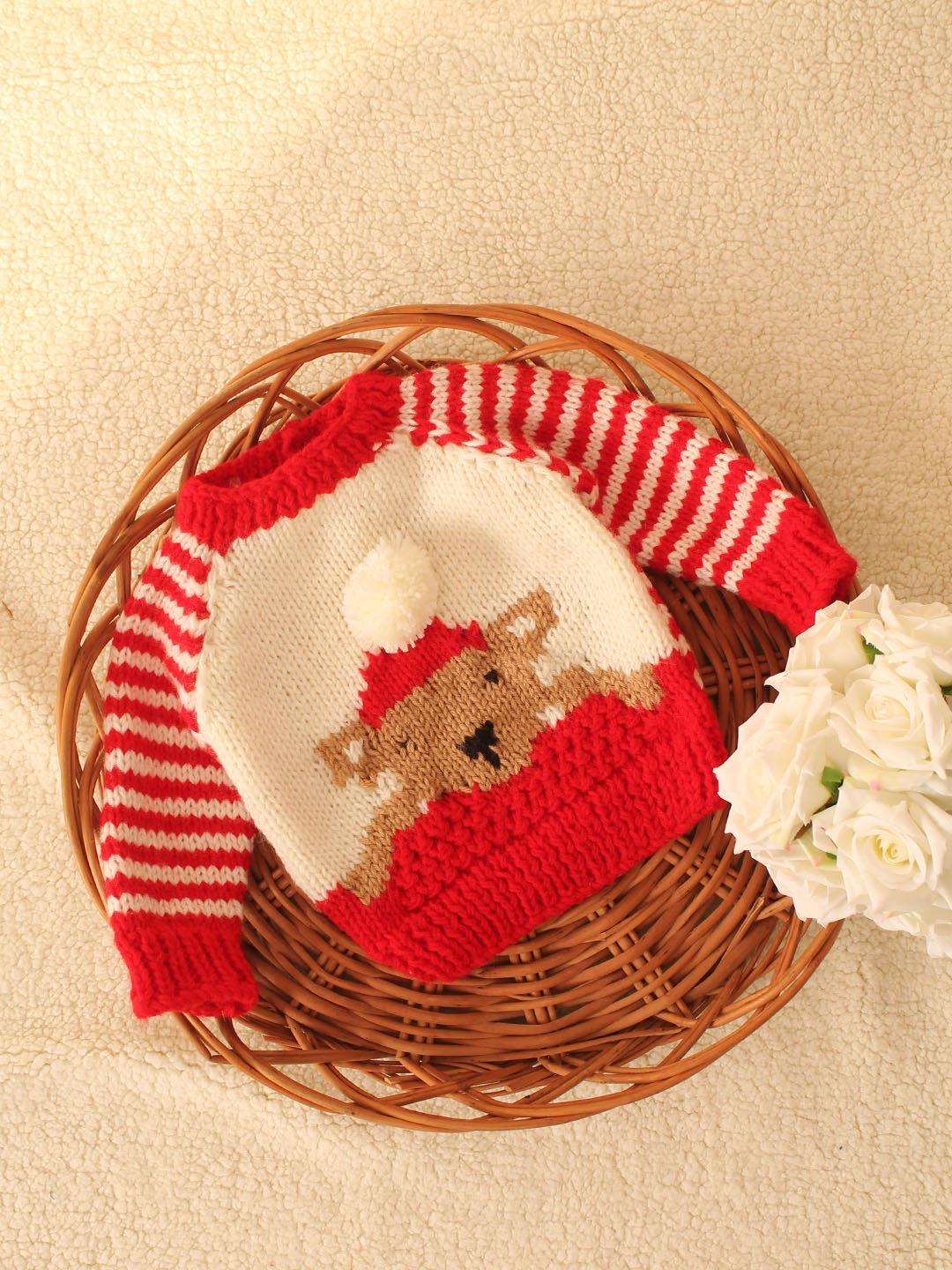 Woonie Handknitted Striped Sleeve Pullover-Red