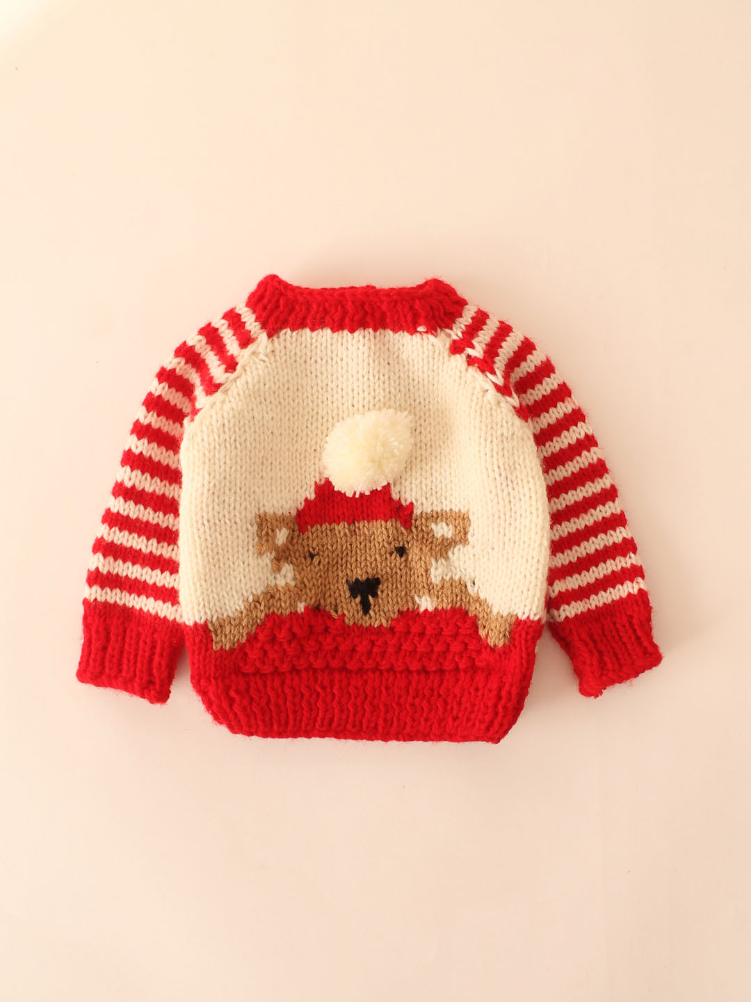 Woonie Handknitted Striped Sleeve Pullover-Red