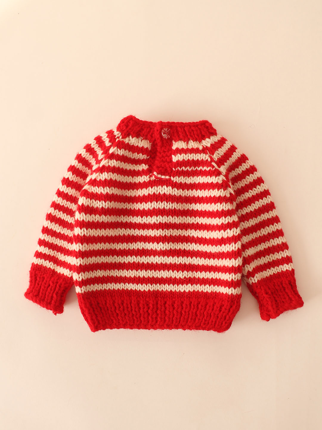 Woonie Handknitted Striped Sleeve Pullover-Red