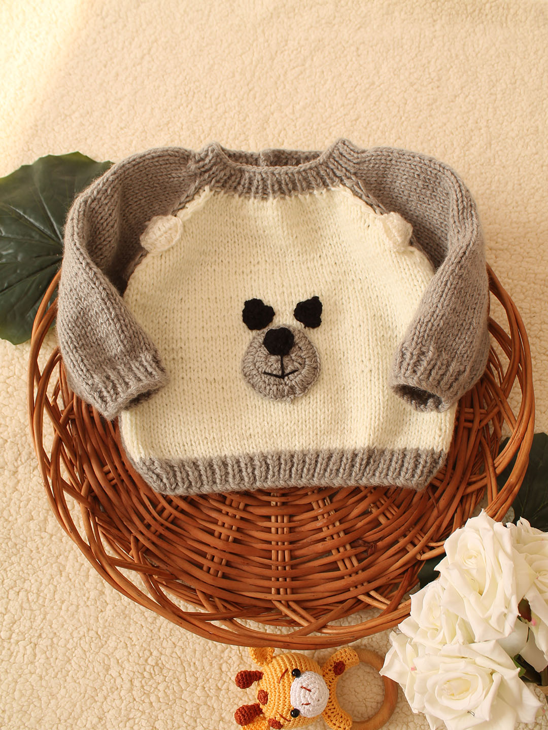 Woonie Handknitted Bear Pullover- Grey