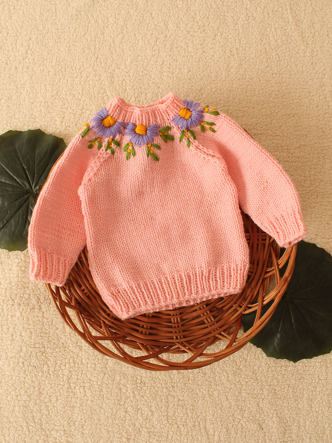 Woonie Handknitted Embroidered Floral Pullover- Pink