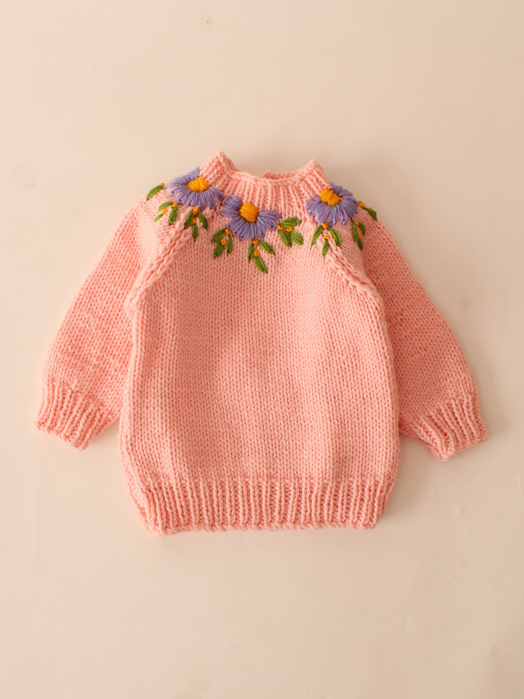 Woonie Handknitted Embroidered Floral Pullover- Pink