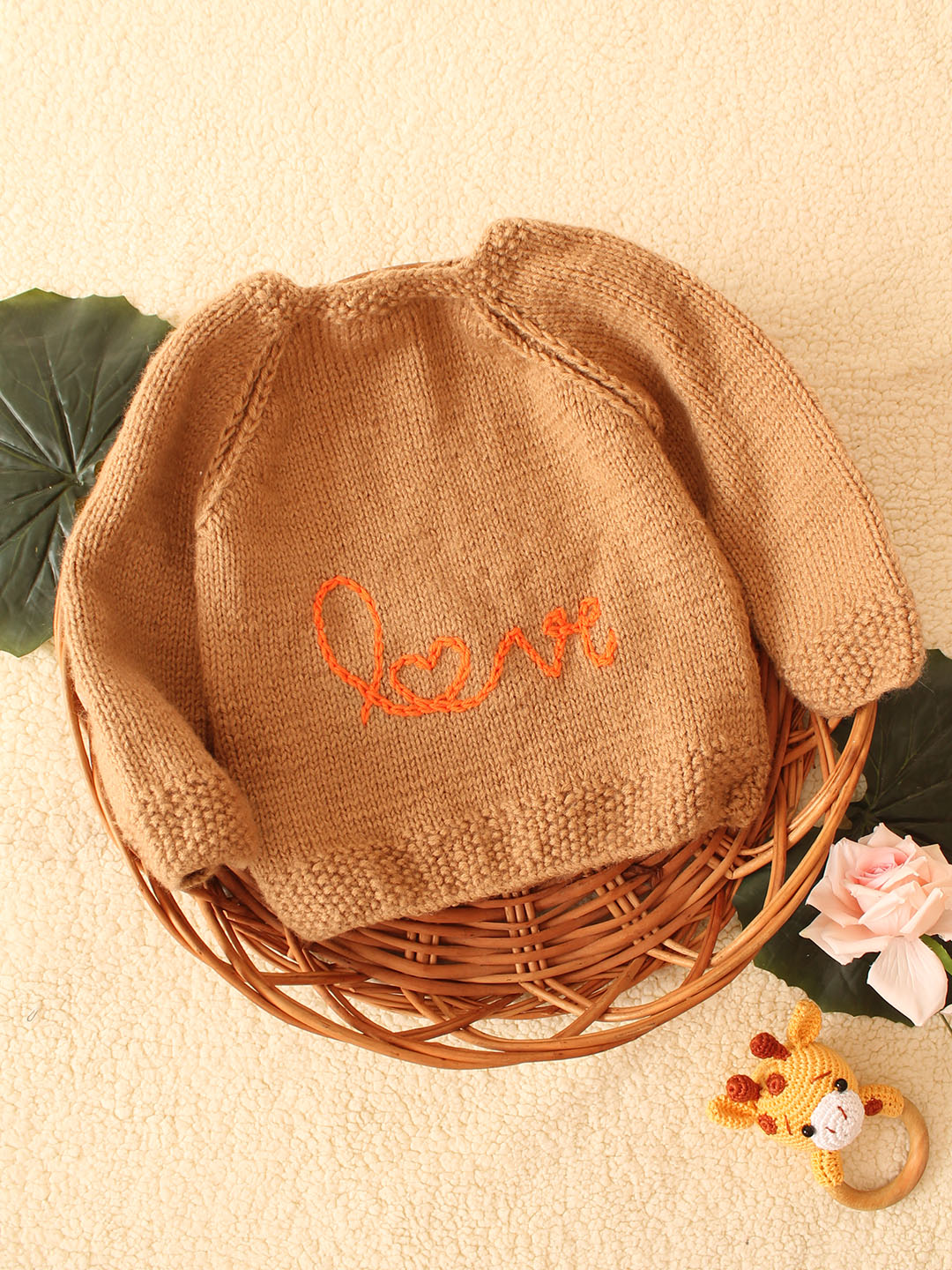 Woonie Handknitted Love Text Sweater- Beige