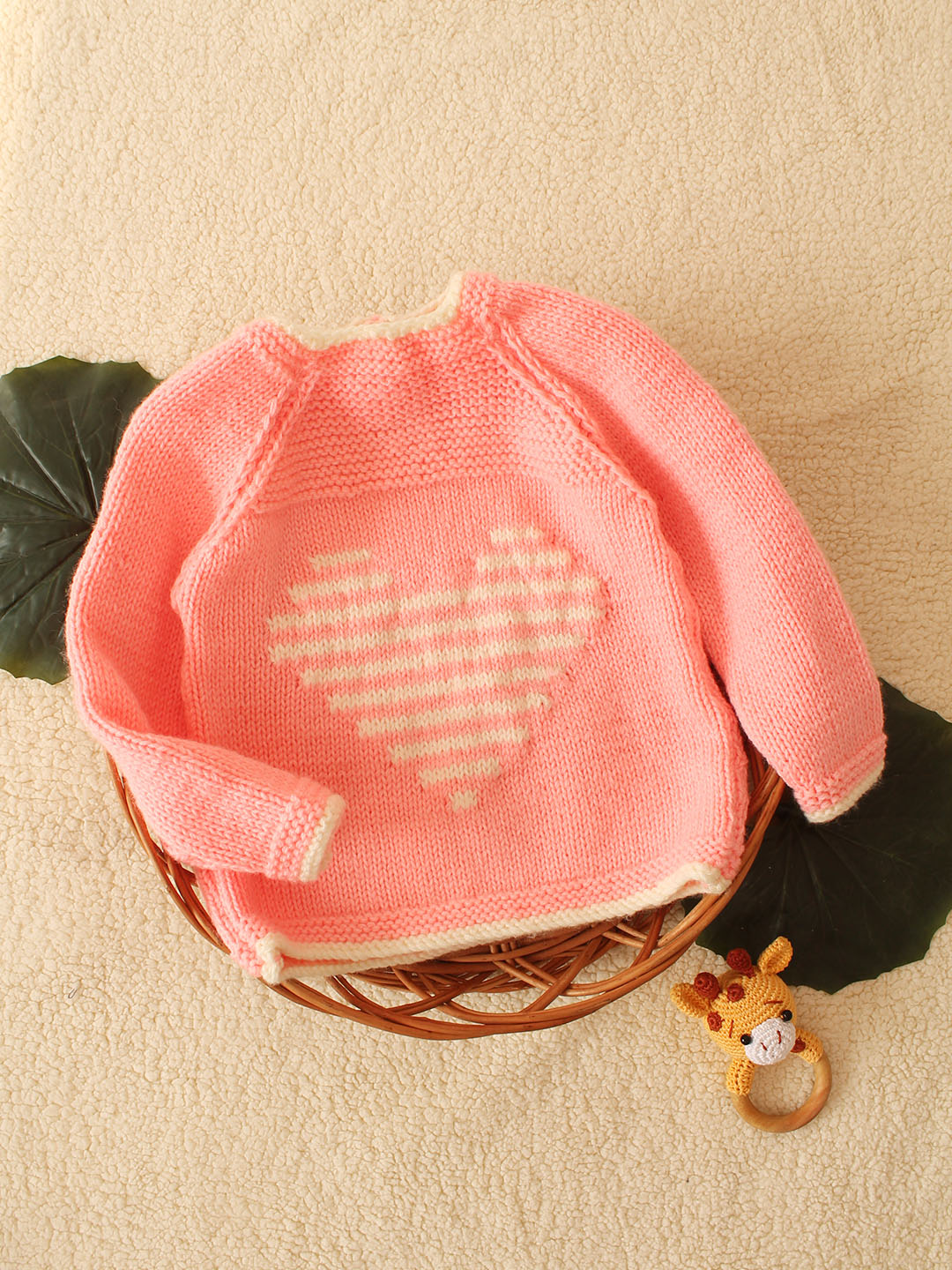 Woonie Handknitted Heart Design Sweater- Peach