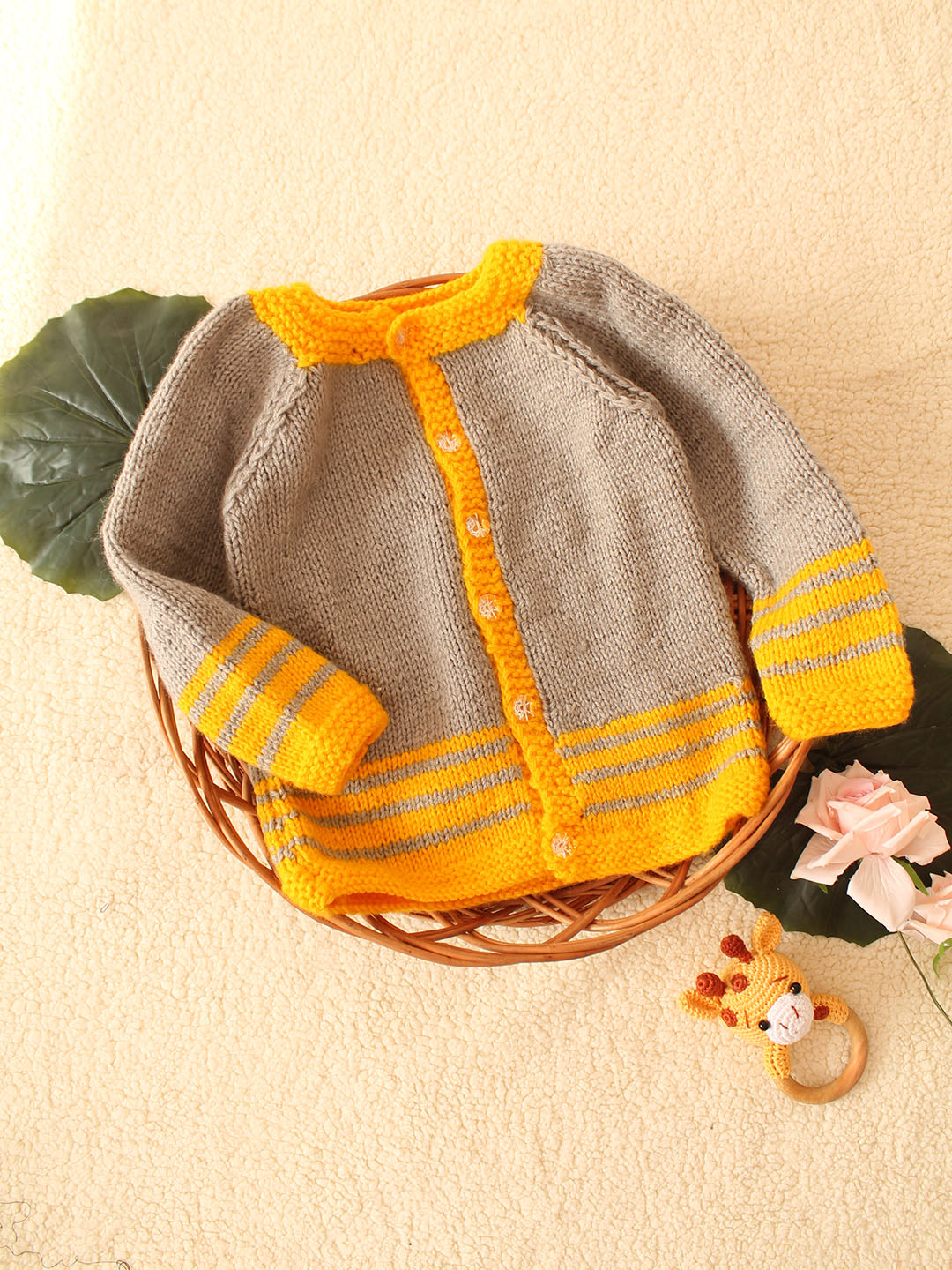 Woonie Handknitted Striped Cardigan- Grey