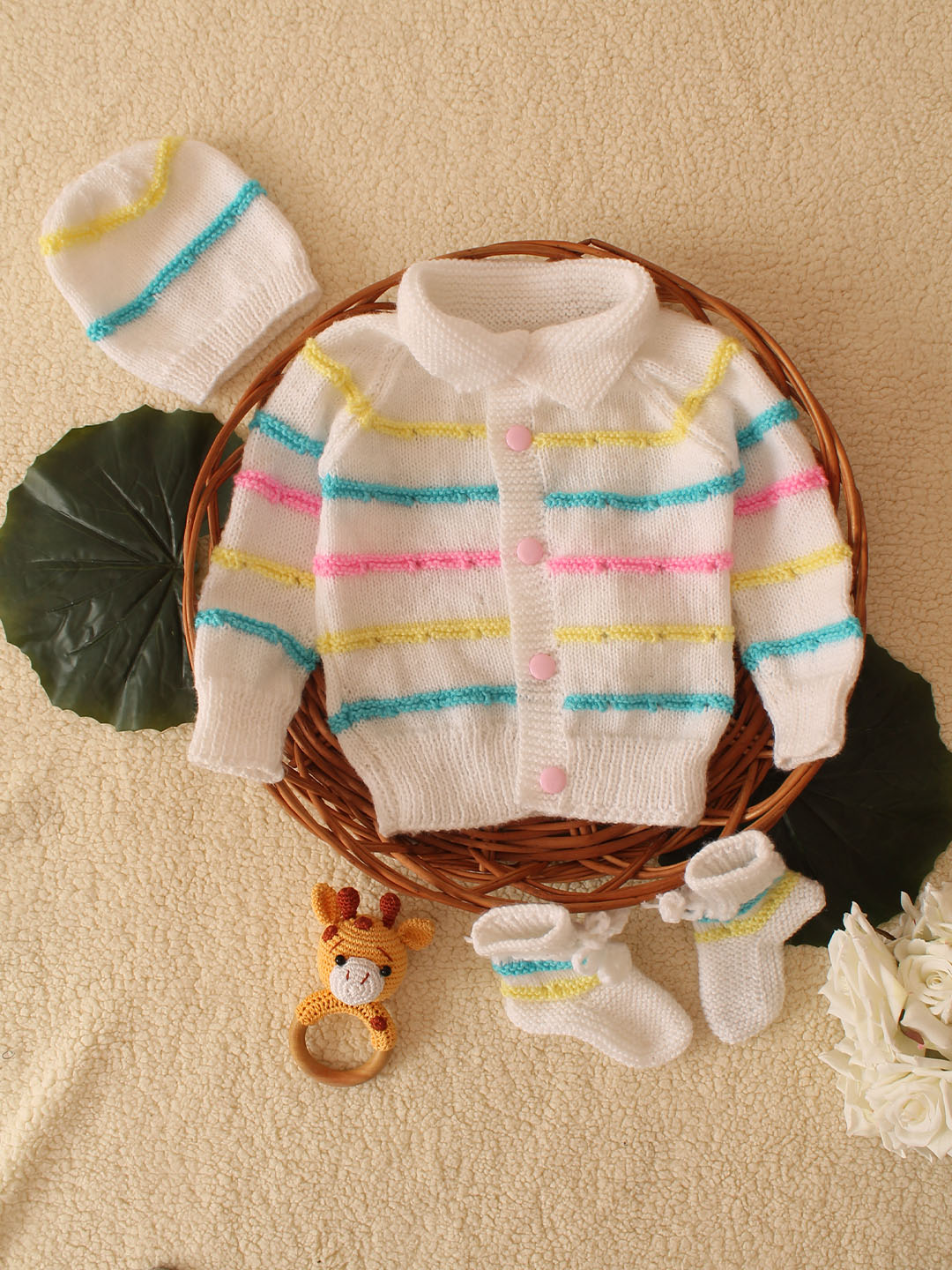 Woonie Handknitted Self Design Striped Sweater Set-White