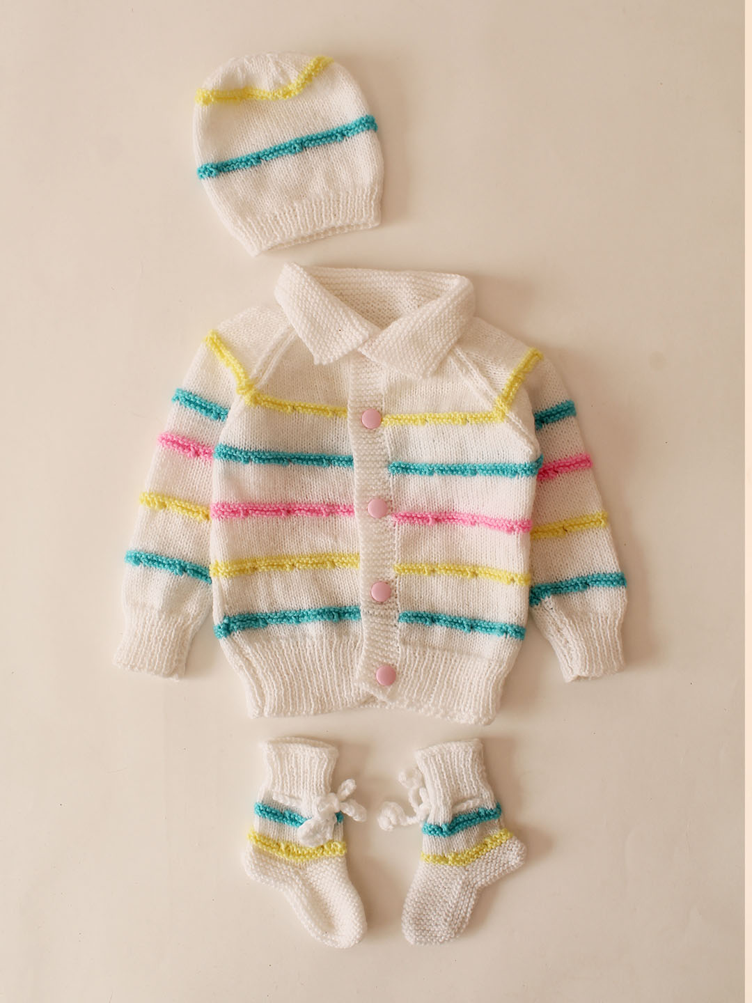Woonie Handknitted Self Design Striped Sweater Set-White
