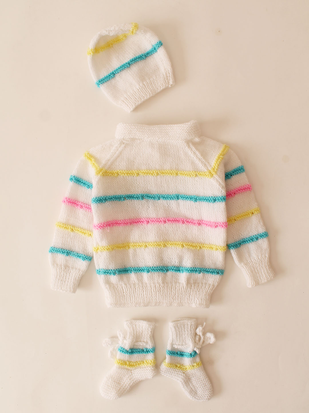 Woonie Handknitted Self Design Striped Sweater Set-White