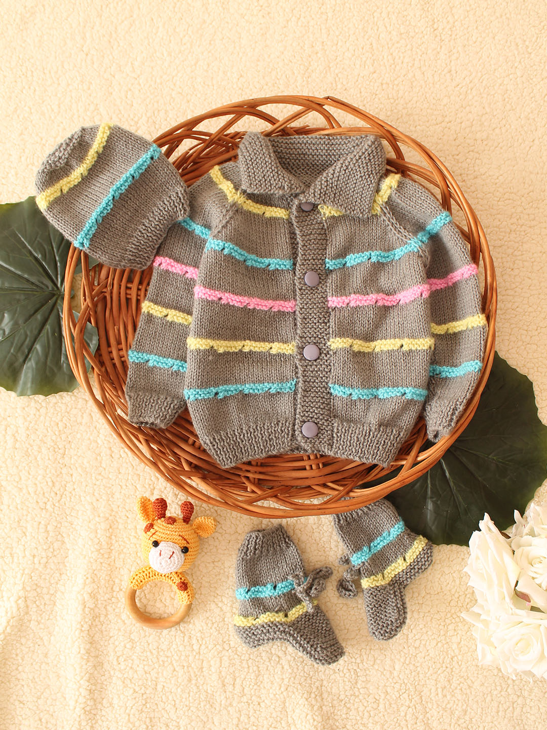Woonie Handknitted Self Design Striped Sweater Set-Grey