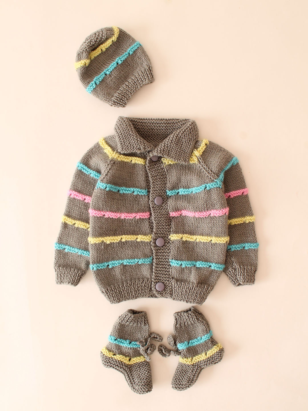 Woonie Handknitted Self Design Striped Sweater Set-Grey