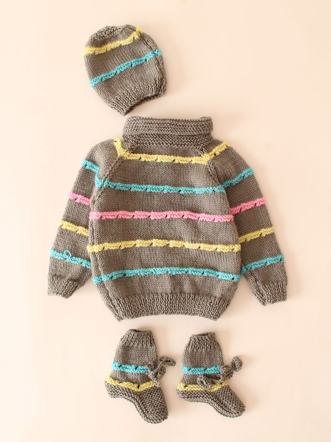 Woonie Handknitted Self Design Striped Sweater Set-Grey