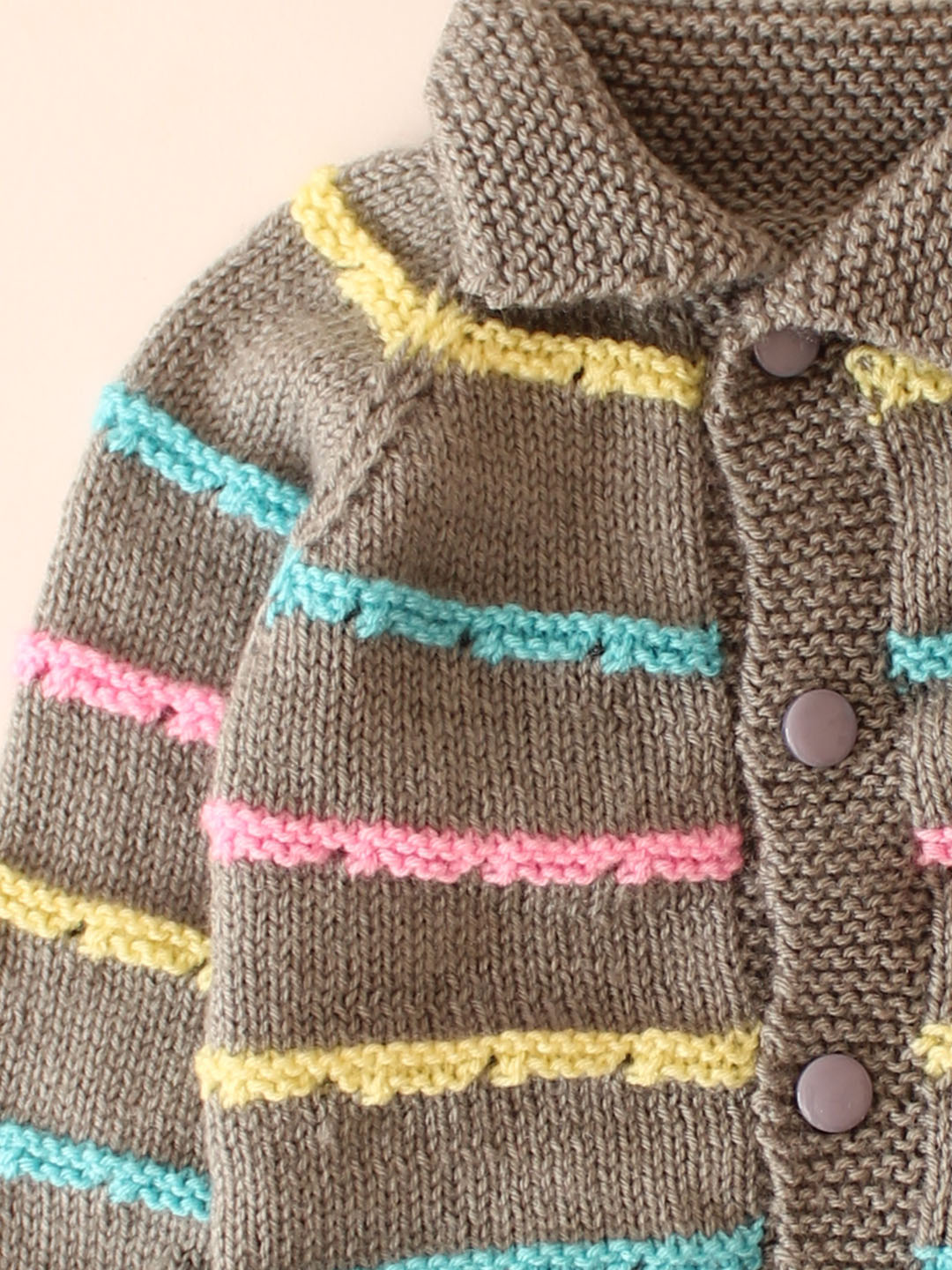 Woonie Handknitted Self Design Striped Sweater Set-Grey
