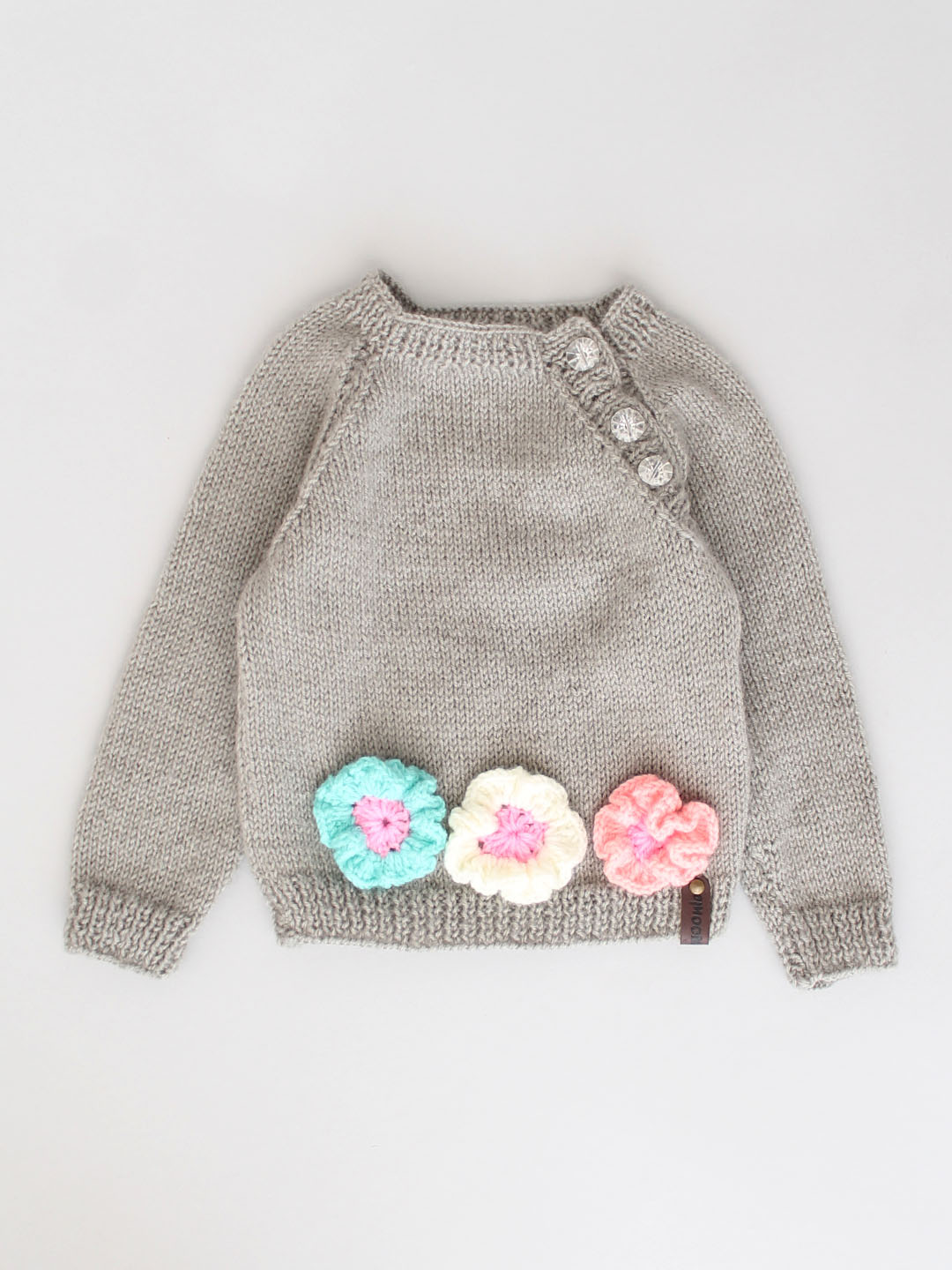 Woonie Handknitted Floral Shoulder Button Pullover- Grey