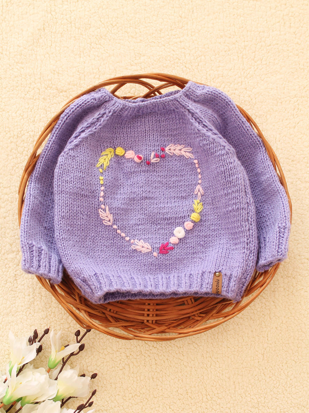 Woonie Handknitted Embroidered Heart Sweater- Lavender