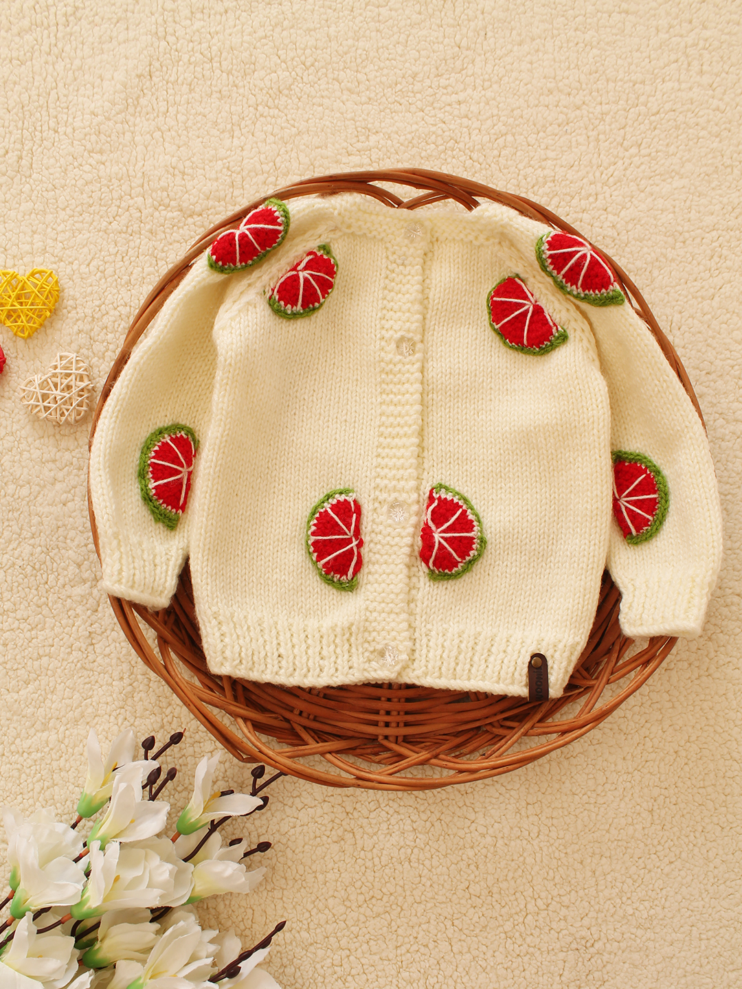 Woonie Handknitted Walermelon Applique Cardigan-Cream