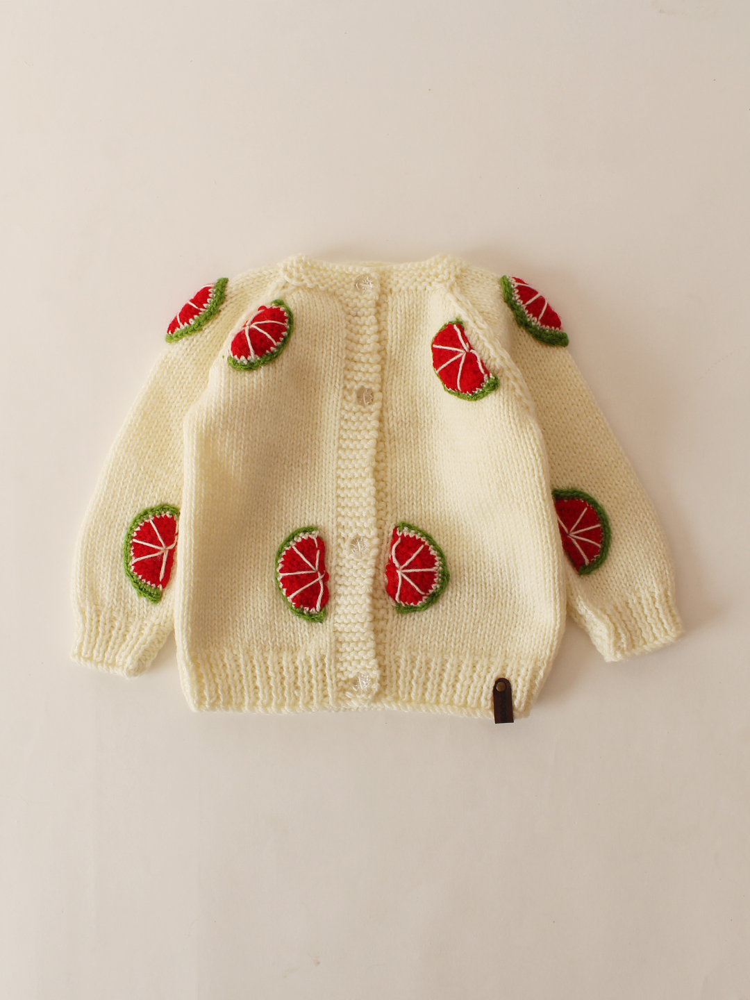 Woonie Handknitted Walermelon Applique Cardigan-Cream