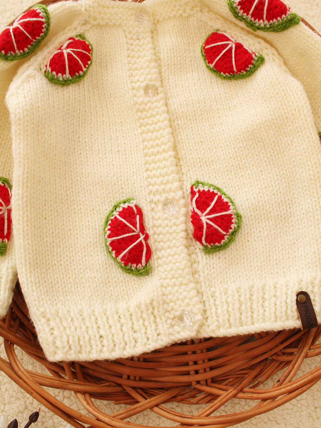 Woonie Handknitted Walermelon Applique Cardigan-Cream