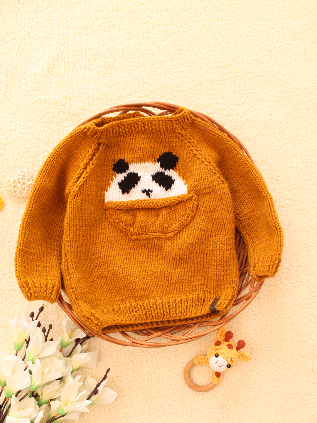 Woonie Handknitted Panda in Pocket Sweater- Mustard