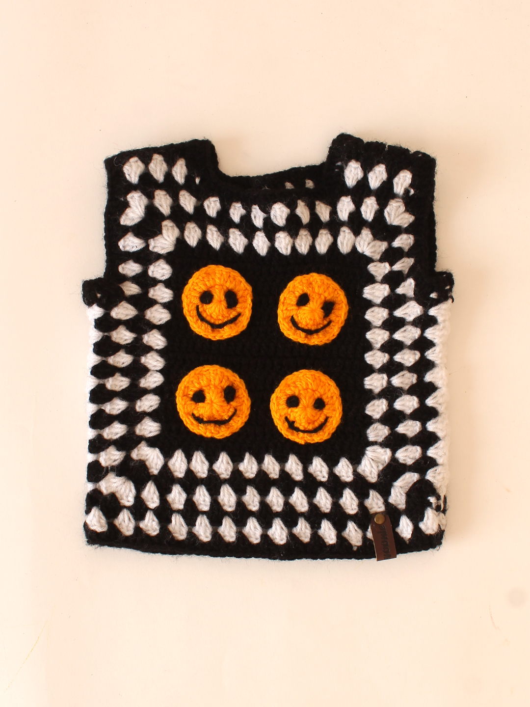 Woonie Crochet Smiley Sweater Vest-Black
