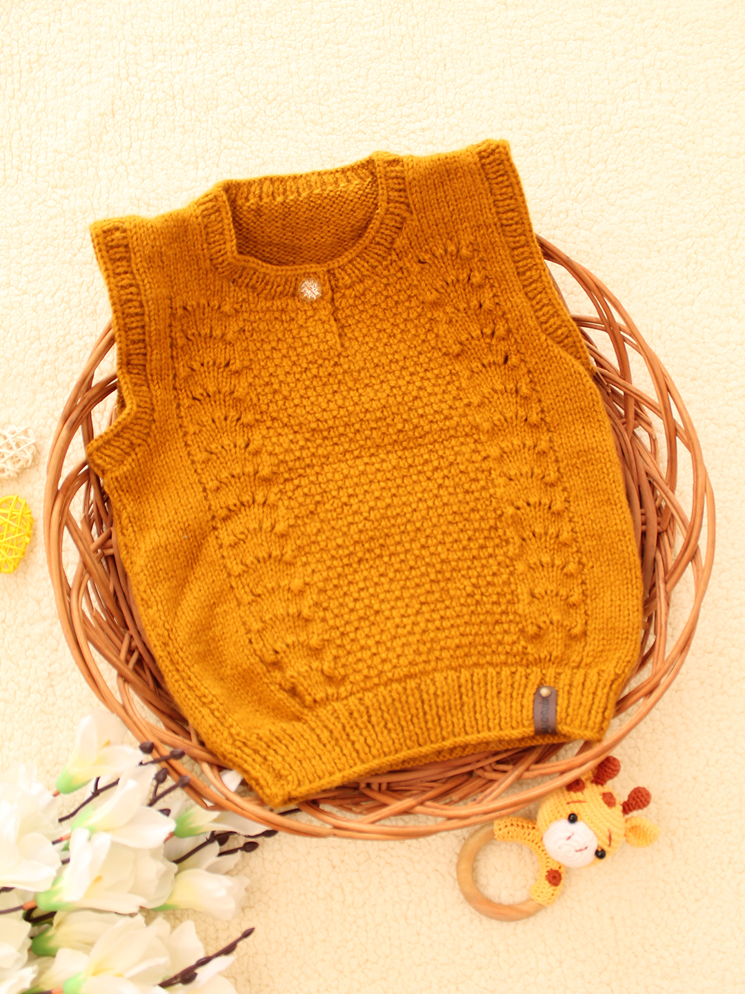 Woonie Handknitted Self Design Sweater Vest-Mustard
