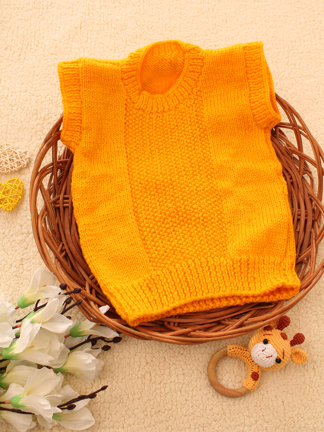 Woonie Handknitted Self Design Sweater Vest-Orange