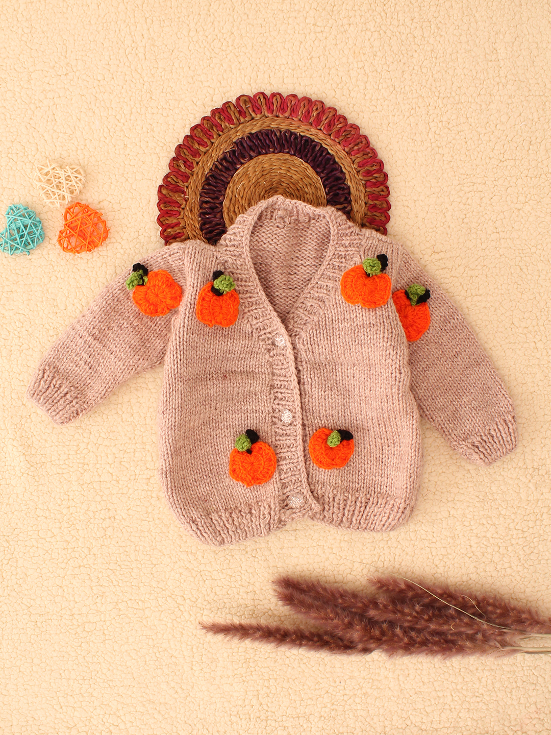 Woonie Handknitted Pumpkin Applique Cardigan-Beige