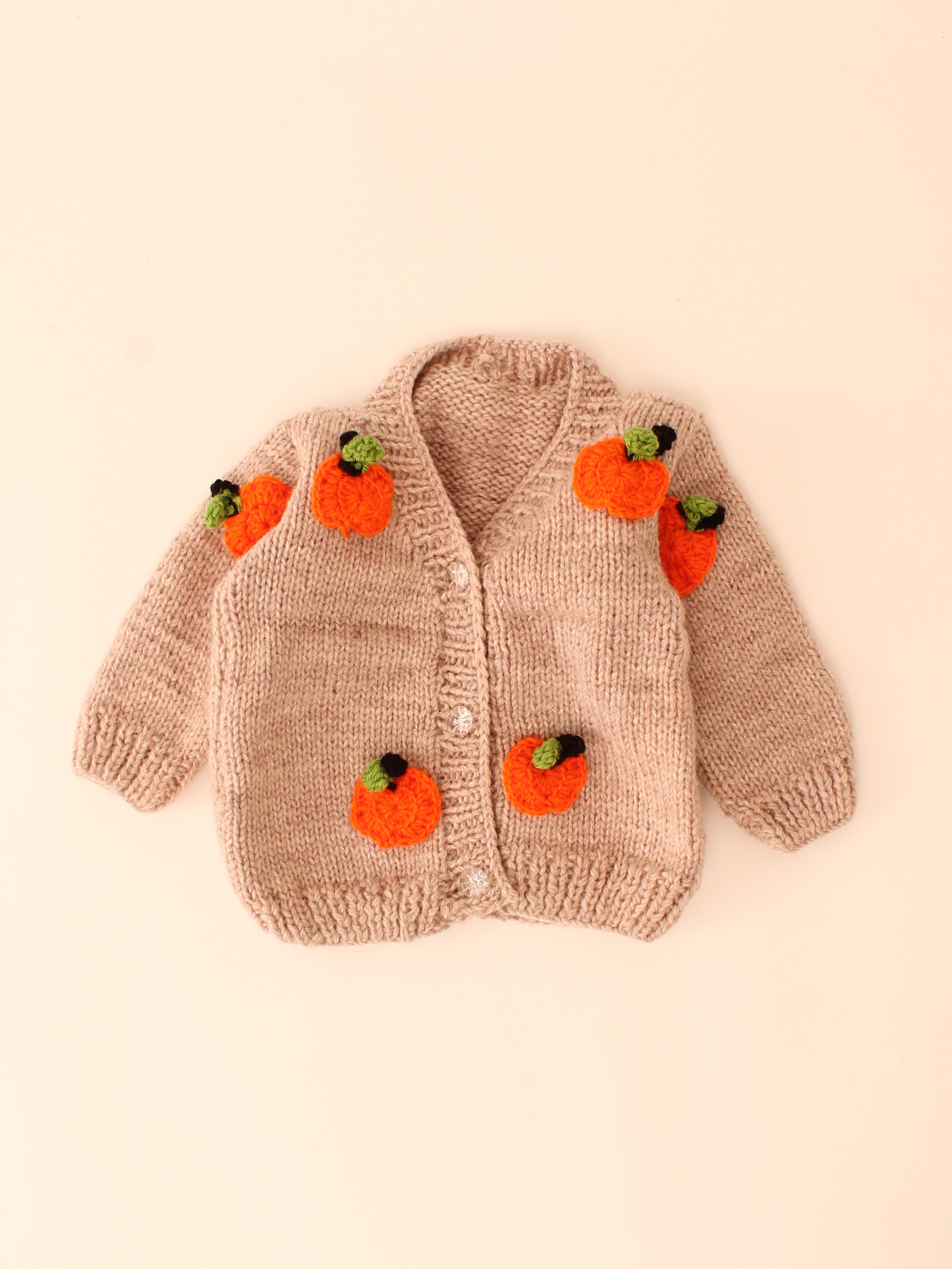 Woonie Handknitted Pumpkin Applique Cardigan-Beige