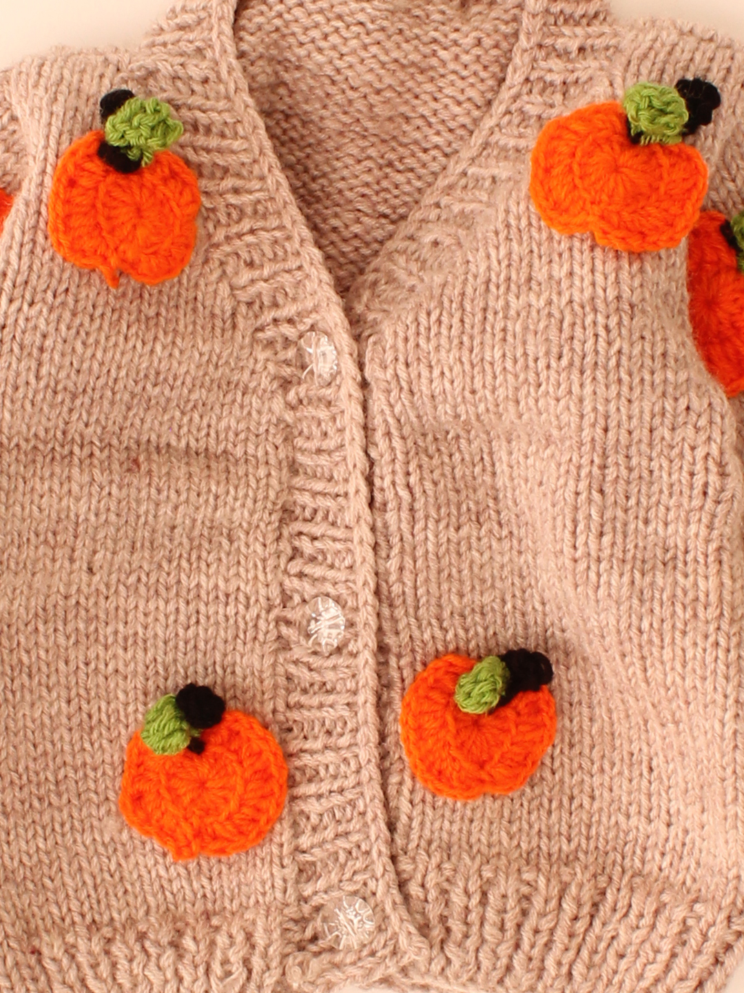 Woonie Handknitted Pumpkin Applique Cardigan-Beige