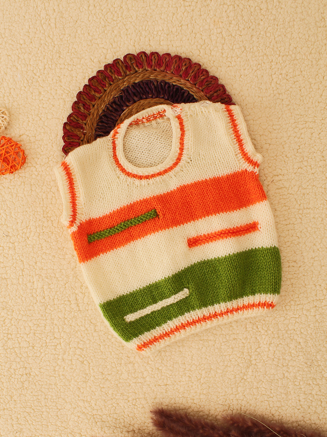 Woonie Handknitted Tricolor Sweater Vest-Cream