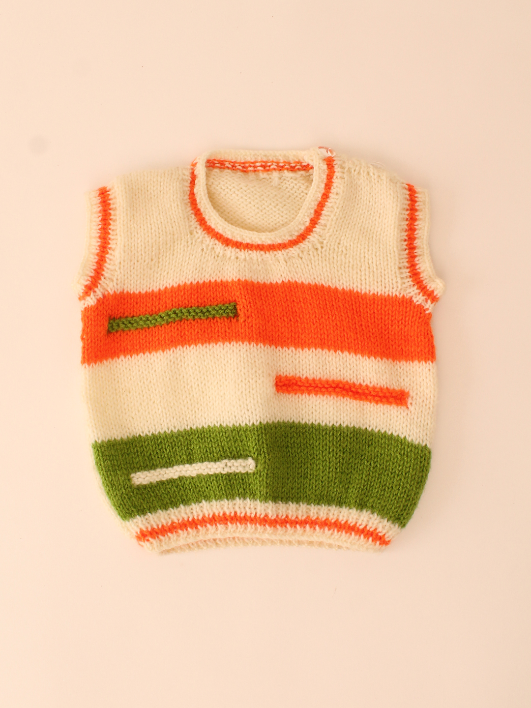 Woonie Handknitted Tricolor Sweater Vest-Cream