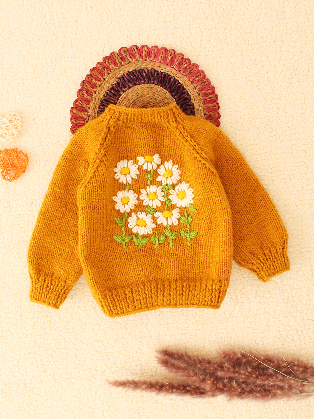 Woonie Handknitted Bunch of Flowers Sweater - Mustard