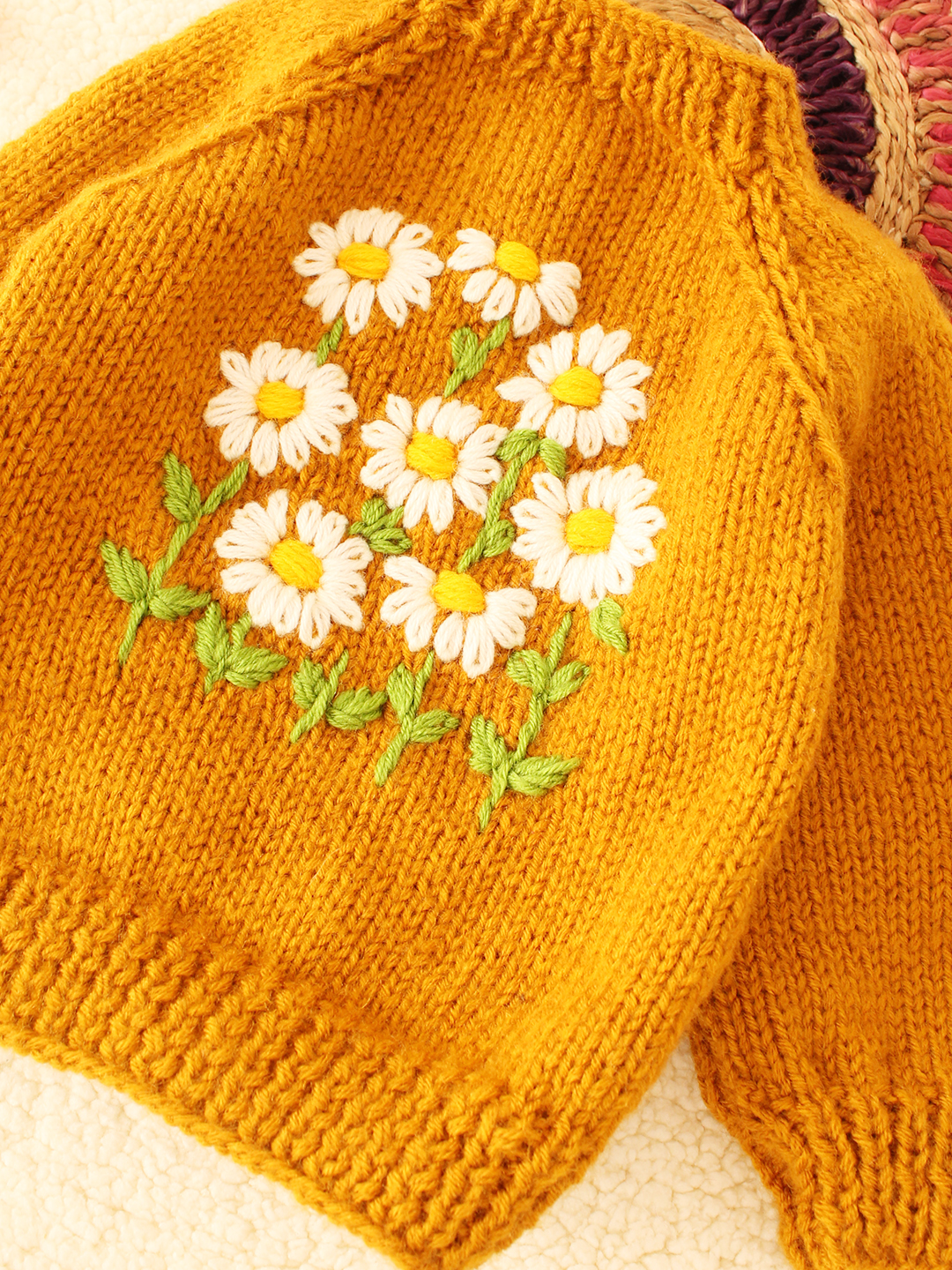 Woonie Handknitted Bunch of Flowers Sweater - Mustard