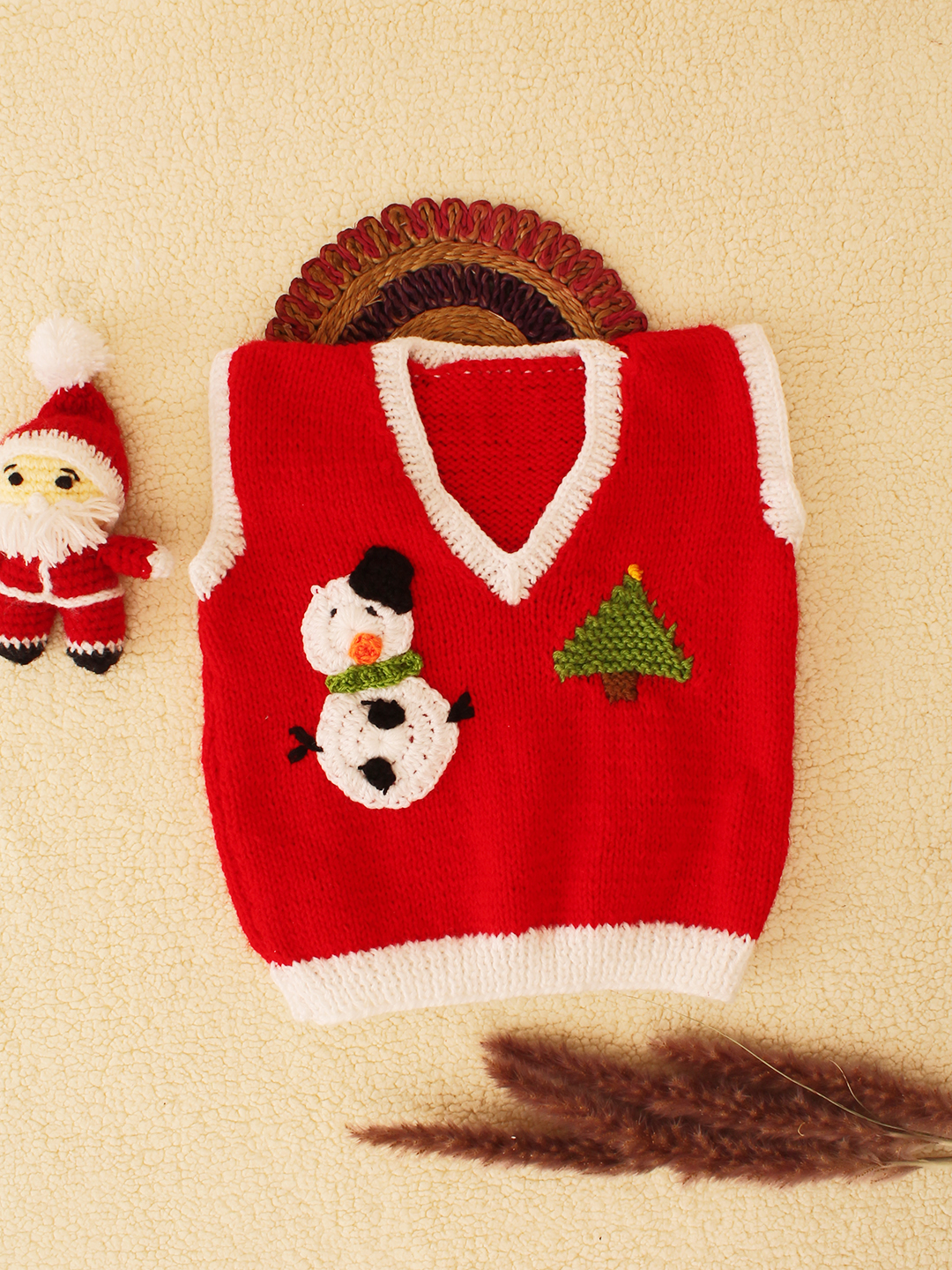 Woonie Handknitted Christmas Design Sweater Vest-Red