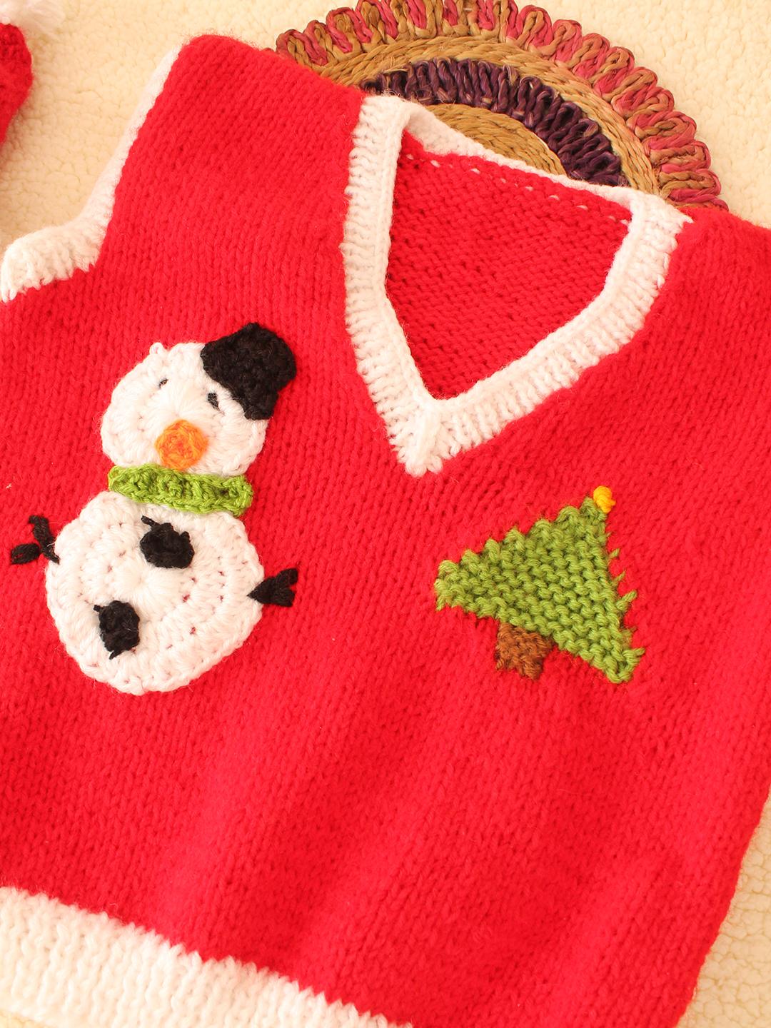 Woonie Handknitted Christmas Design Sweater Vest-Red