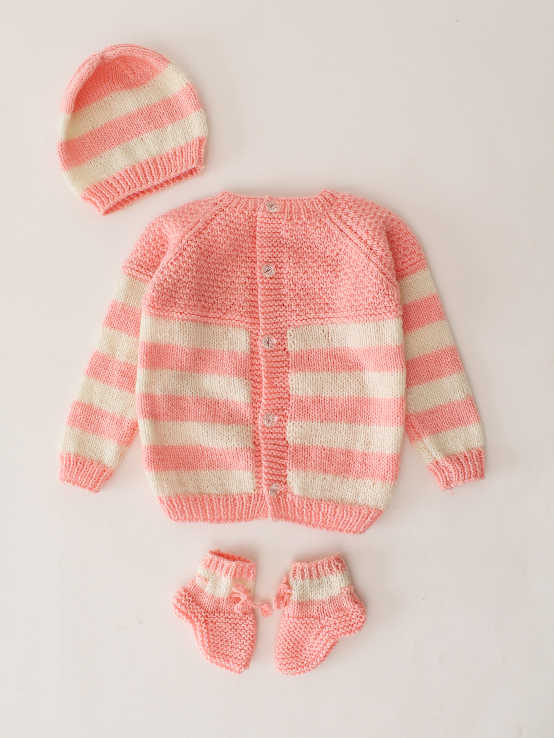 Woonie Handknitted Striped Cardigan Set- Peach