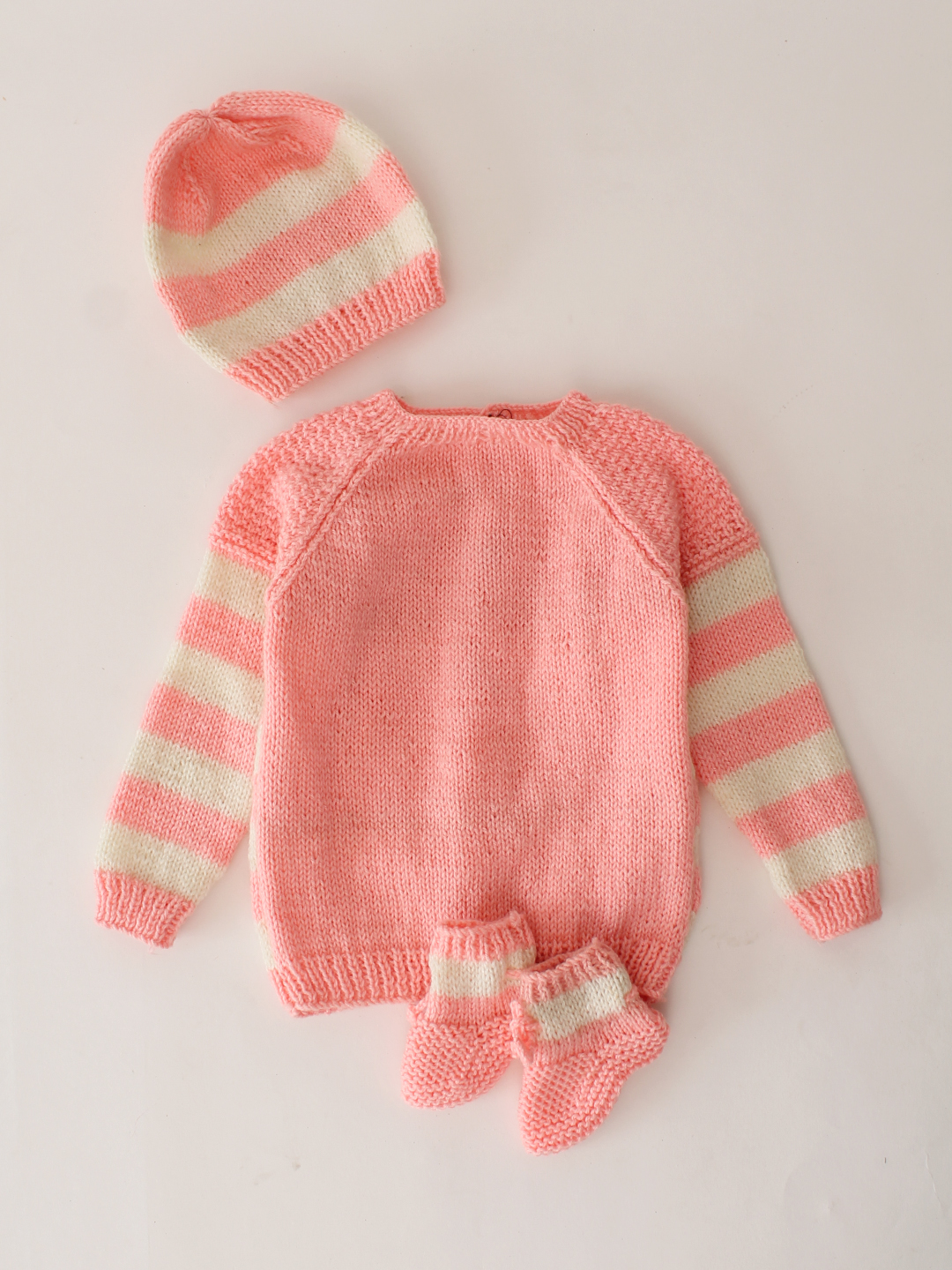 Woonie Handknitted Striped Cardigan Set- Peach