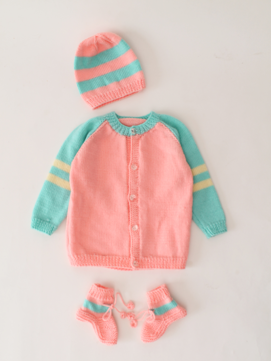 Woonie Handknitted Striped Sleeve Cardigan Set- Peach