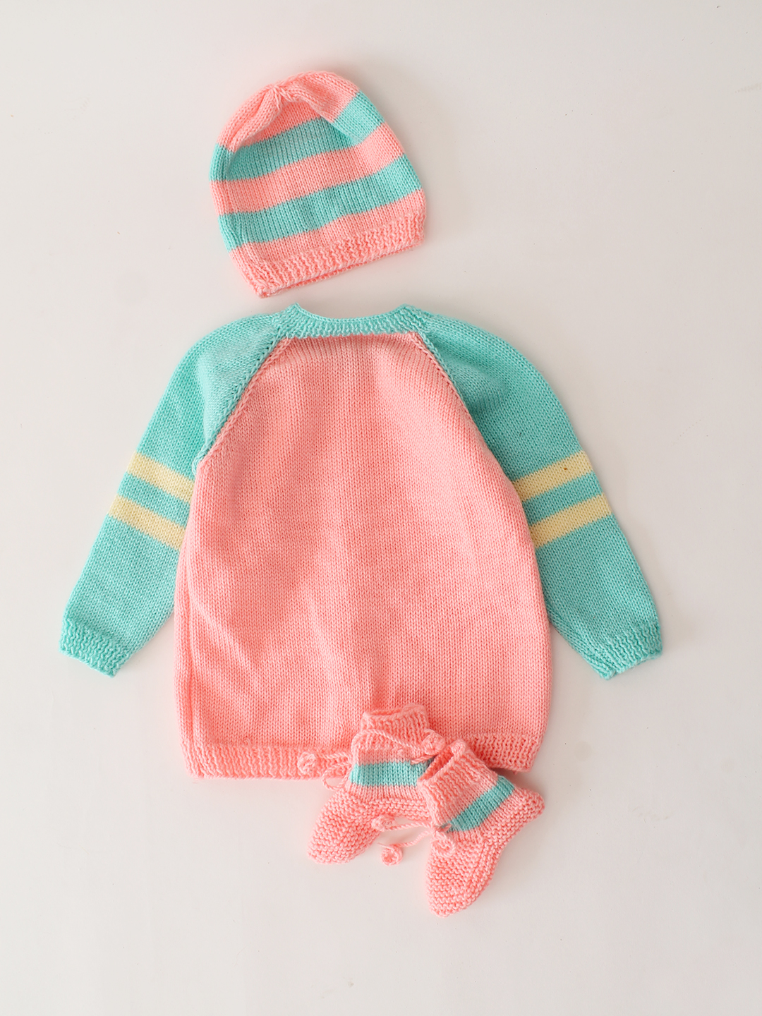 Woonie Handknitted Striped Sleeve Cardigan Set- Peach