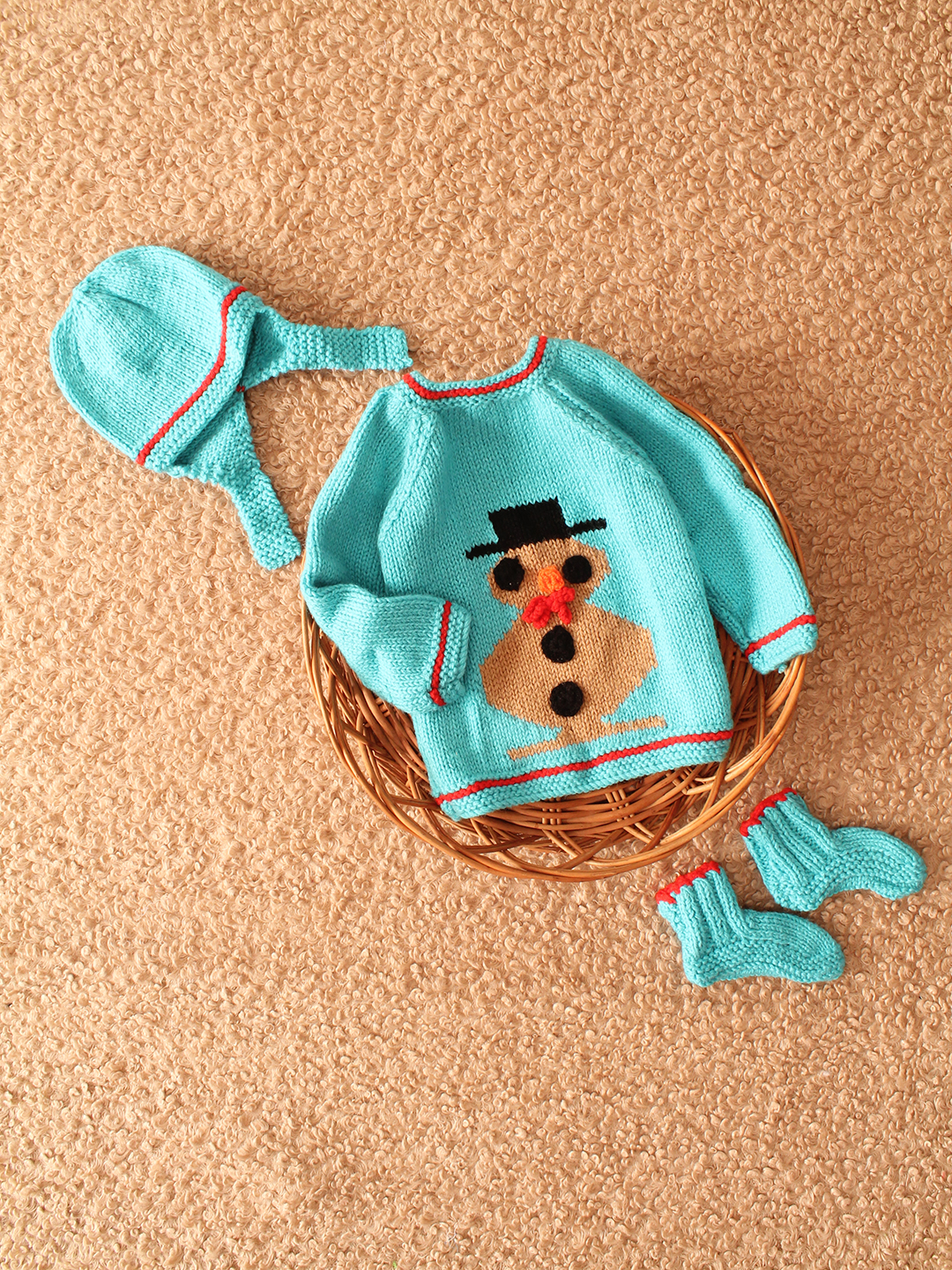 Woonie Handknitted Snowman Sweater Set- Blue